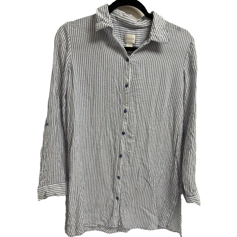 Chicos Blue White Striped Button Up Shirt Women Size M Coastal Chic Lightweigh